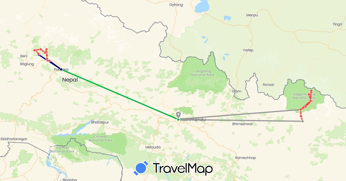 TravelMap itinerary: driving, bus, plane, hiking in Nepal (Asia)
